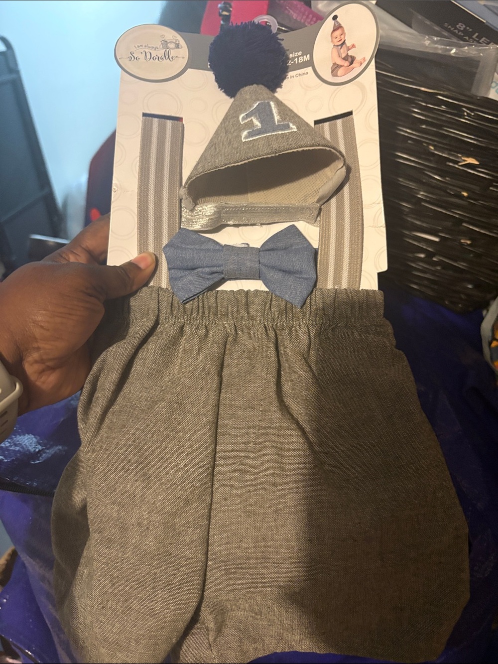 Baby Gray Suspender Romper with Blue Bow & Pom Hat